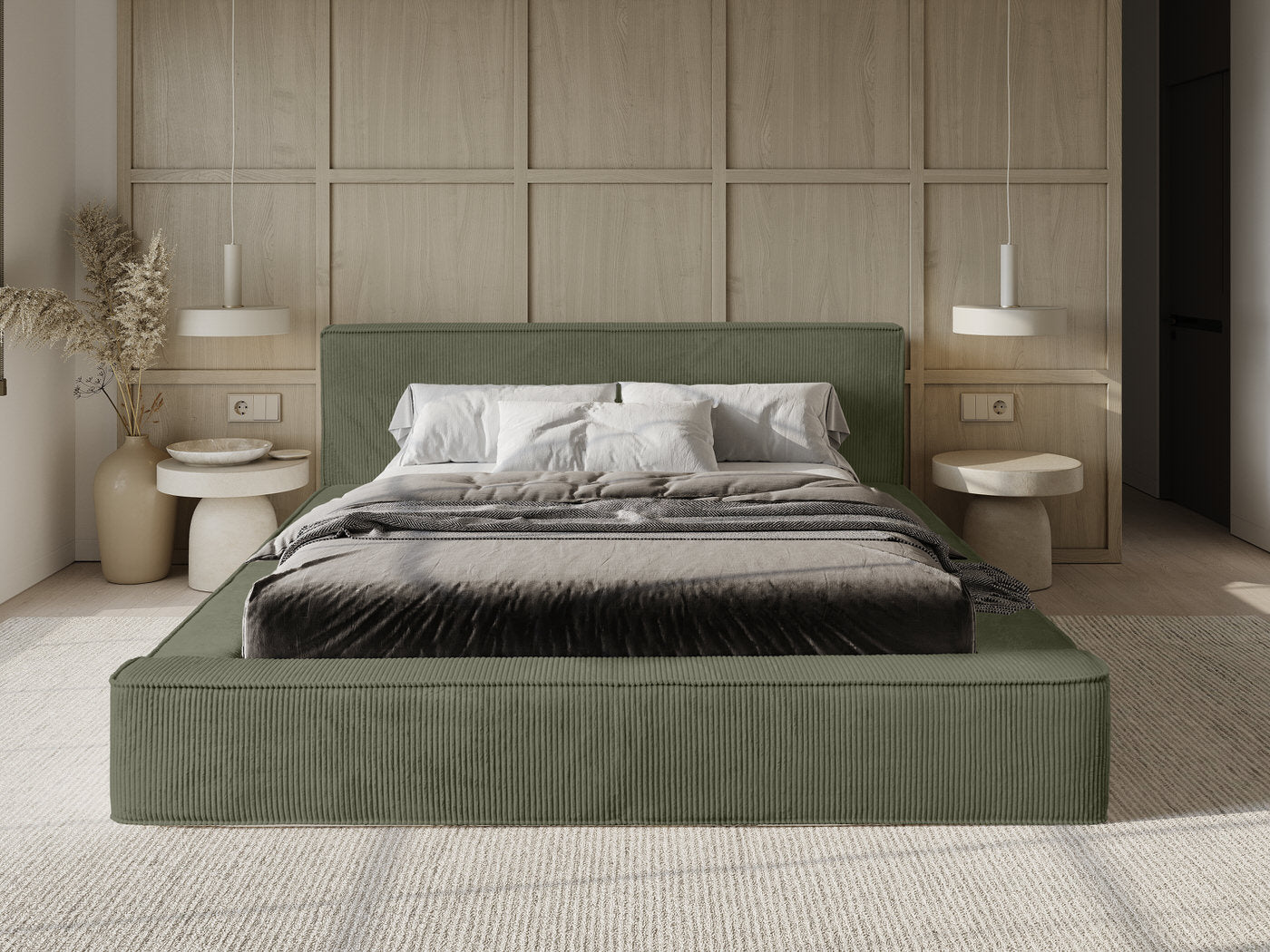 Trae Mobler Harmon 160x200 cm Gestoffeerd Bed Olijfgroen