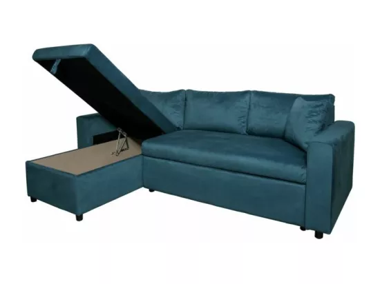 Canapé d'angle 3 places Maria réversible et convertible avec coffre en velours - Bleu - L227 x P146 x H81cm - Loungitude