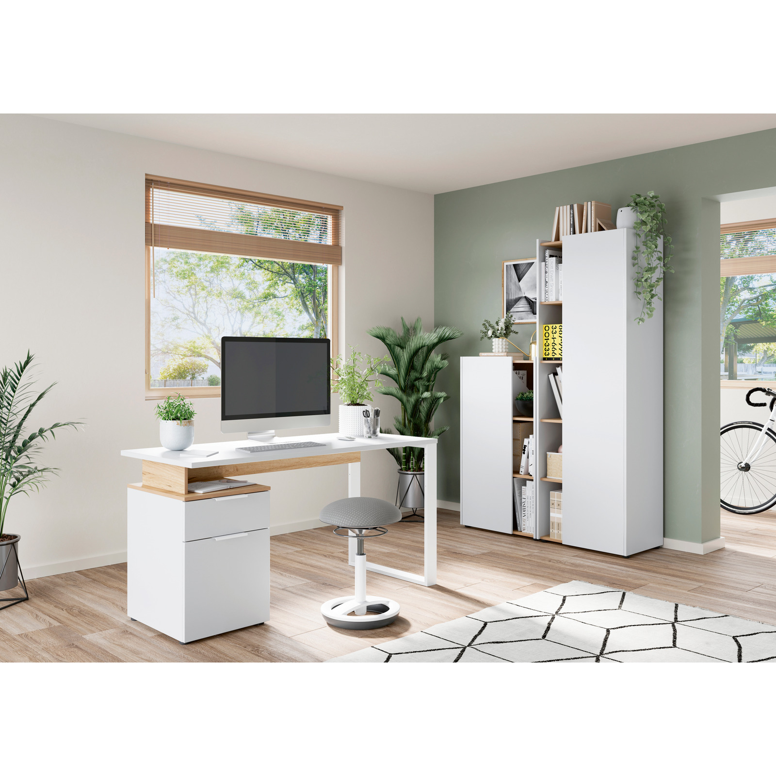 Schreibtisch Hasselt Dekor weiss/Eiche mit Container 140 x 74 x 61 cm
