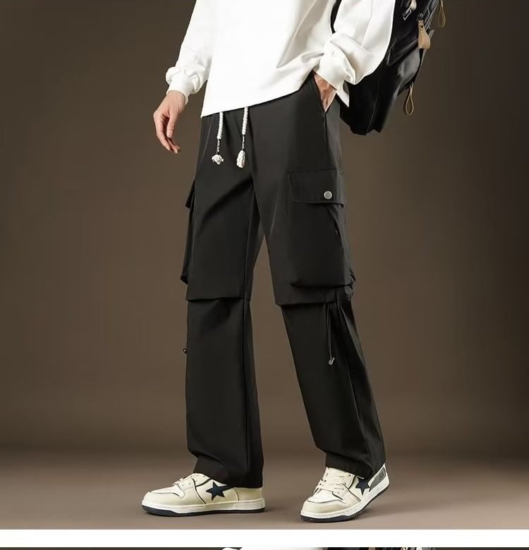 jaywoon - Mid Rise Plain Straight Leg Cargo Pants