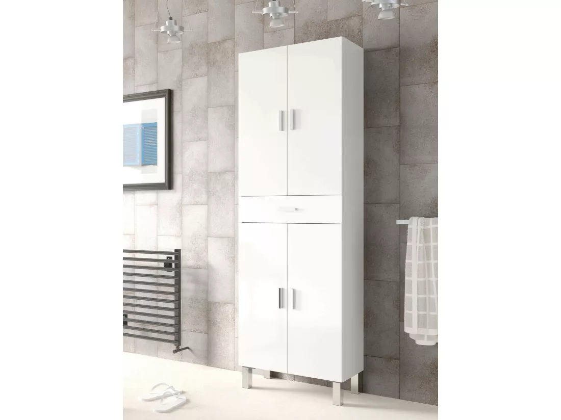 Armoire polyvalente Oxnard, Meuble de salle de bain ou buanderie avec 4 portes et 1 tiroir, Armoire à chaussures polyvalente, 60x29h182 cm, Blanc brillant