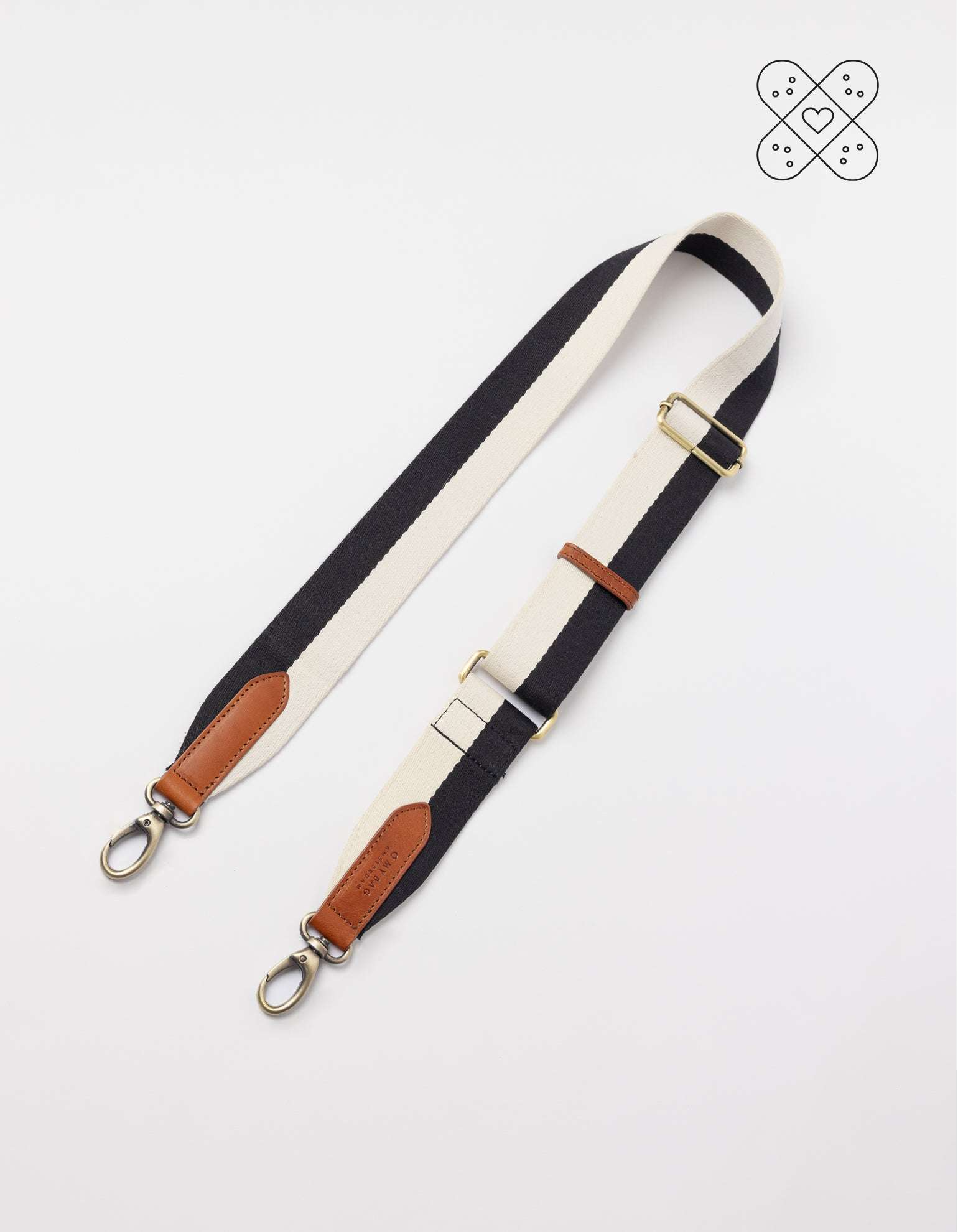 Perfectly Imperfect Striped Webbing Strap - Black & White / Cognac Classic Leather