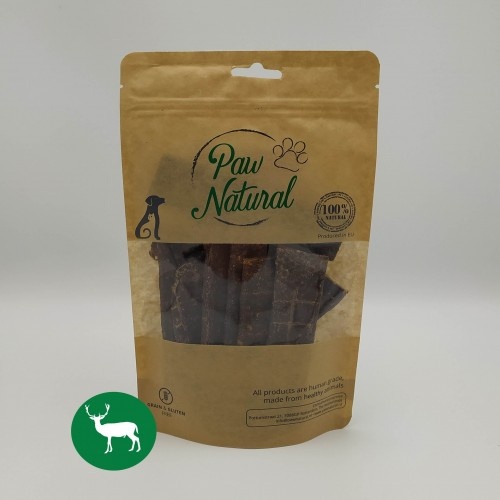 Tiras de petiscos com sabor natural de veado da Paw para cães.