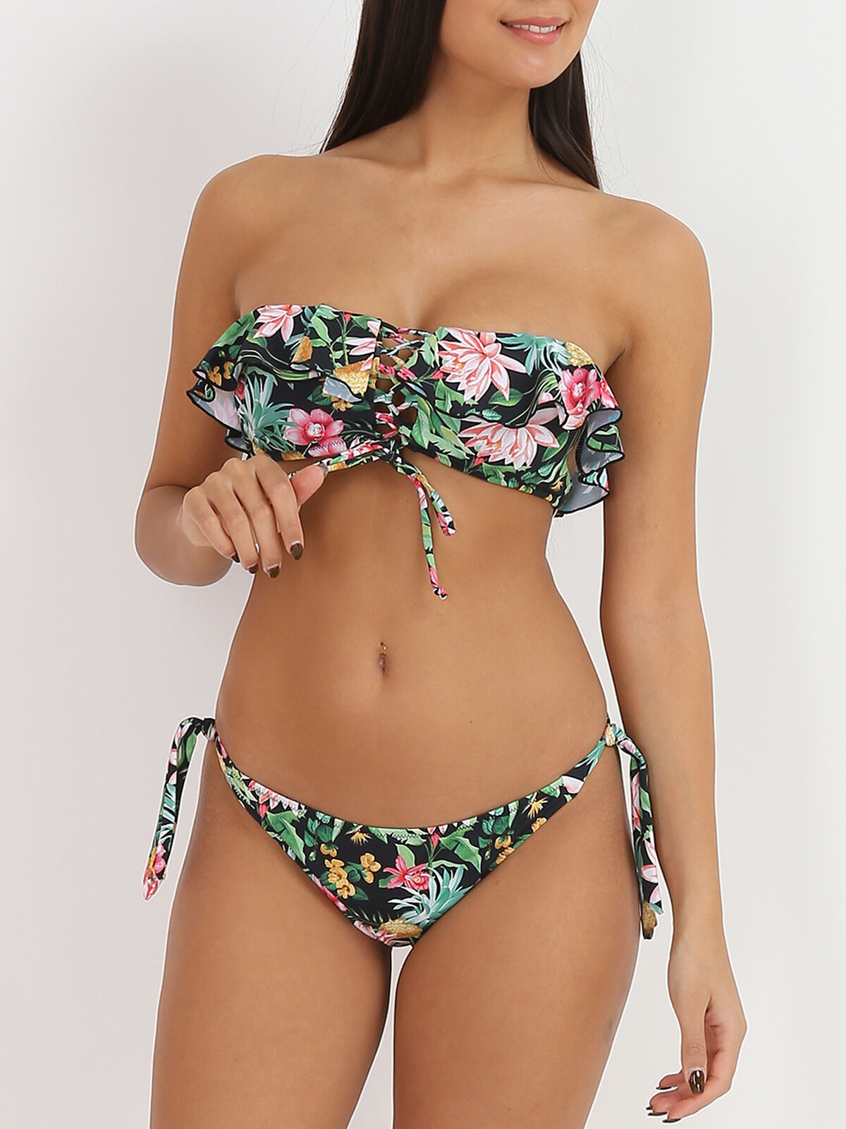 Bikini tropical à volants et laçage- Noir