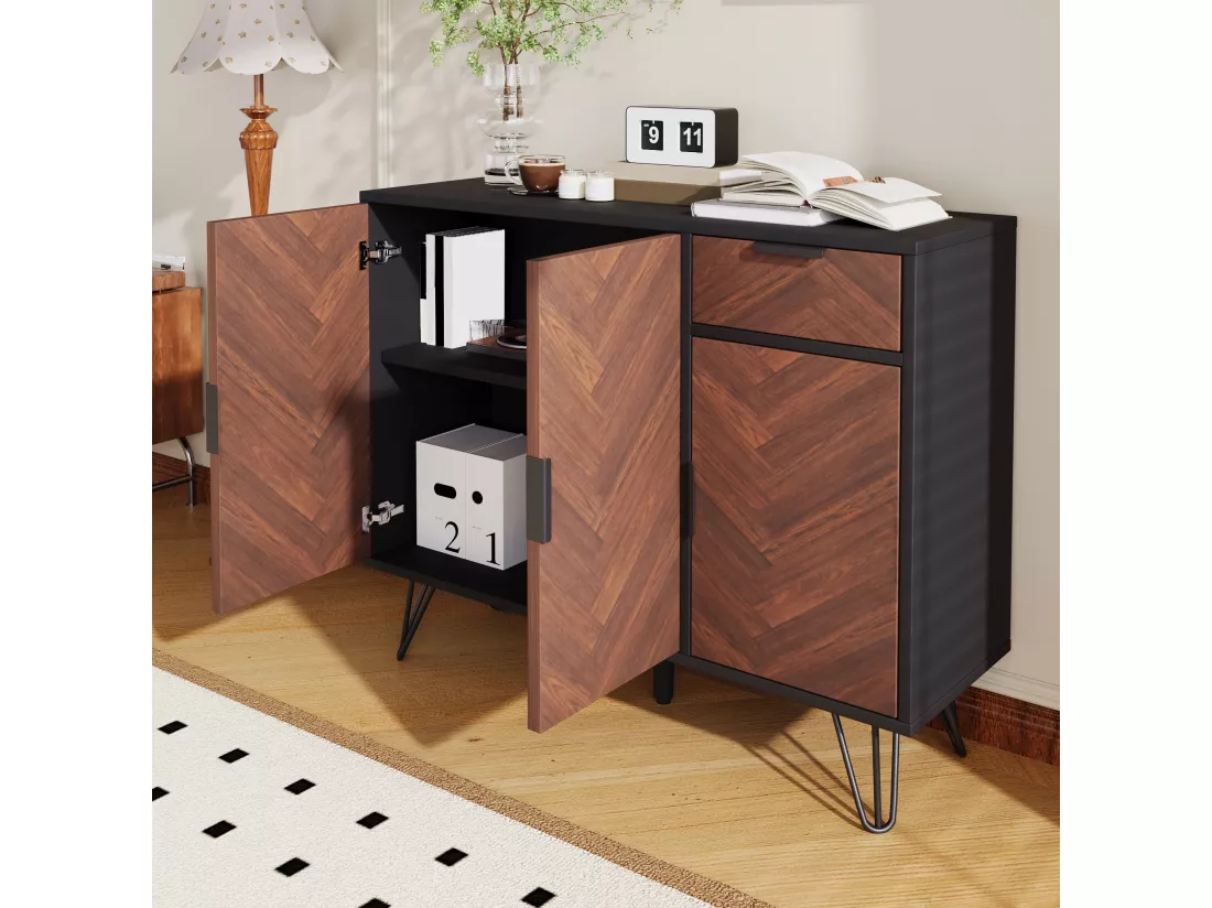 Meuble de Rangement Moderne, Buffet Noir avec Effet Bois, 1 Tiroir et Étagères Réglables en Hauteur (90 x 30 x 71,5 cm)
