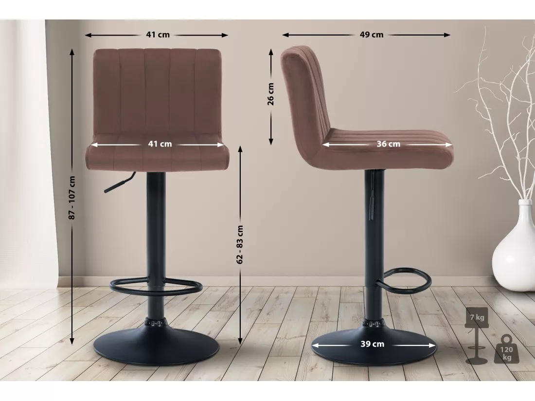 Tabouret de bar - Velours & Métal noir mat - Marron - Jamie