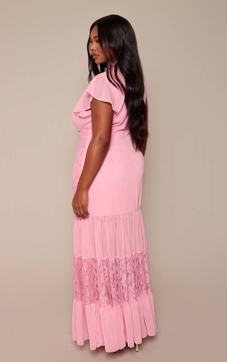 Rose Robe Longue Grande Taille En Satin Avec Empiècements En Dentelle Contrastée