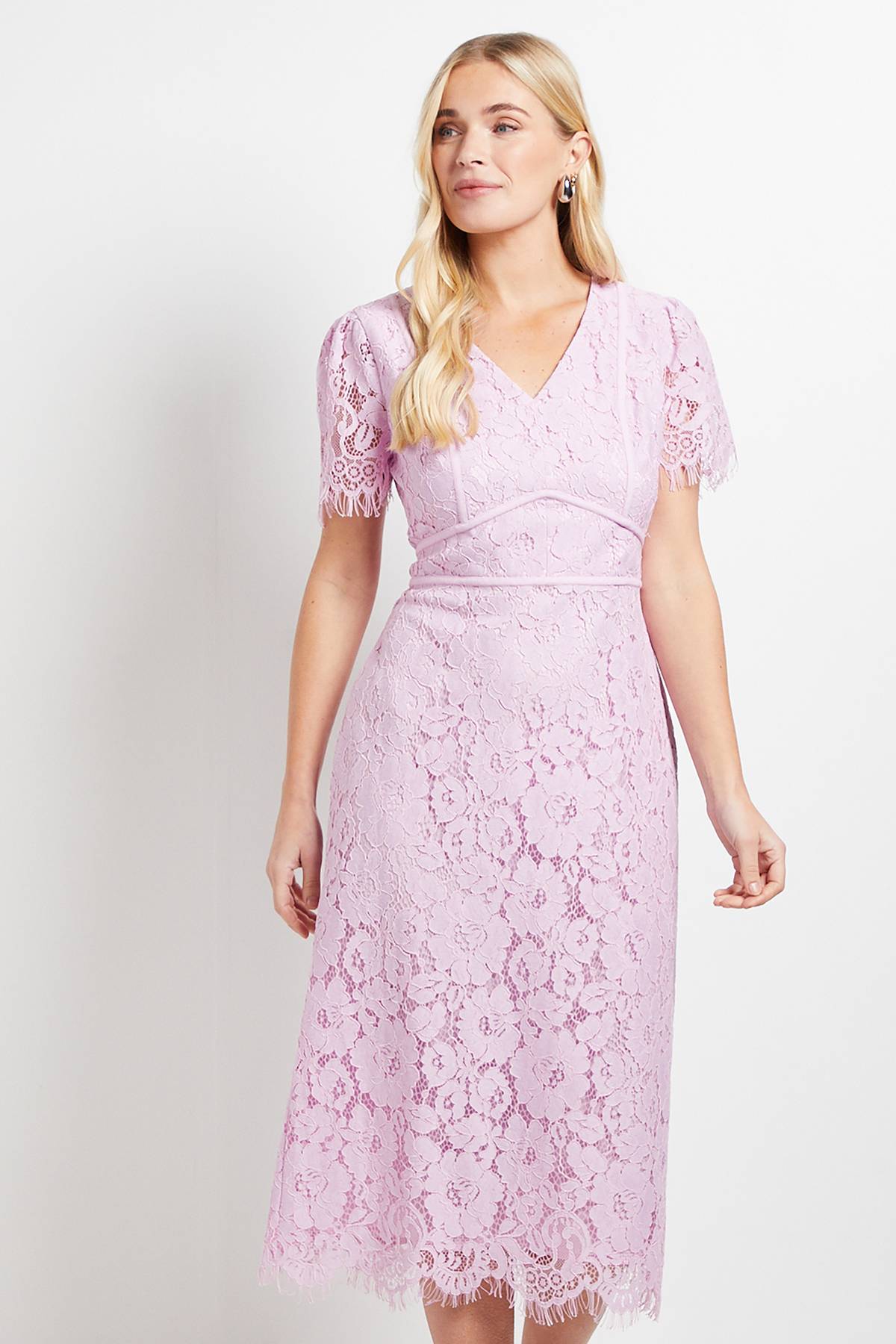 Wallis Robe Crayon Mi-Longue Petite Taille avec Détails de Coutures en Dentelle