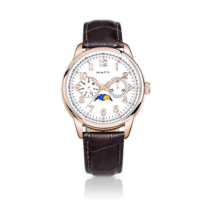 Montre homme acier doré rose bracelet cuir marron