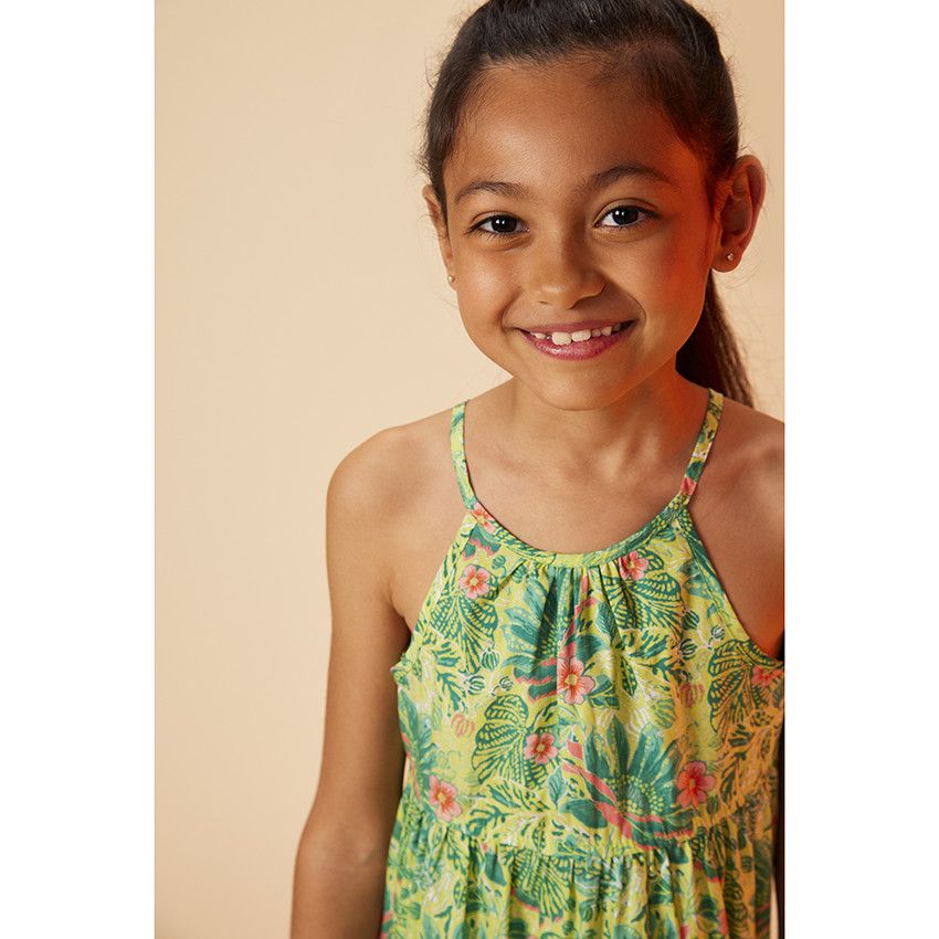 Robe à fines bretelles imprimé exotique pour fille - Vert