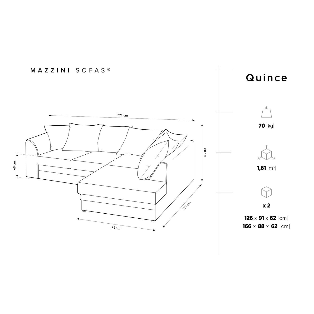 Mazzini Sofas Canapé d'angle Droit Quince Velours côtelé 4 Places gris clair - 221x171x80 cm
