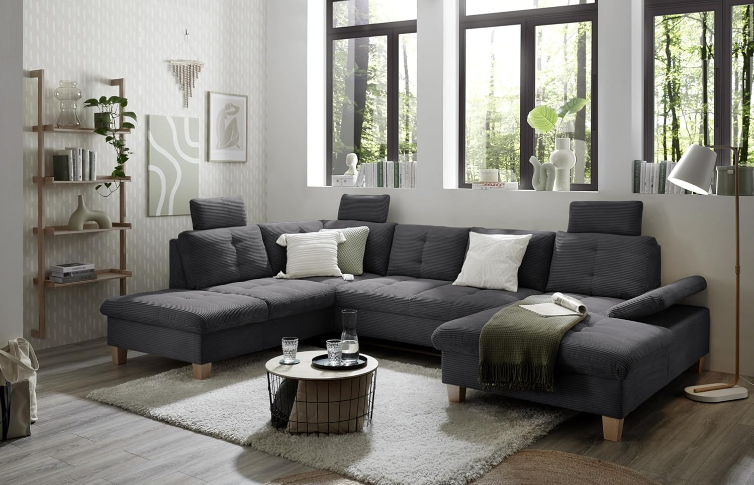 Wohnlandschaft Ascot mit Cord-Bezug und Schlaffunktion in Anthrazit, U-Form inkl. Kopfstützen, Bettkasten und Verstellbarer Armlehne - 324 x 107 x 218 cm (B/H/T)