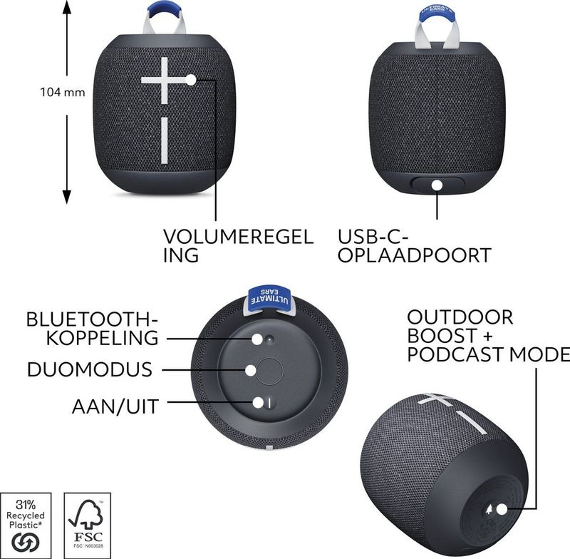 Ultimate Ears WONDERBOOM 4 - Draadloze Speaker - Bluetooth - Zwart