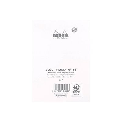 Rhodia Basics - Bloc notes N°13 - 10 x 15 cm - 160 pages - petits carreaux - 80g - blanc