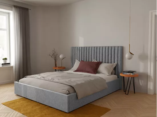 Lit coffre 140 x 190 cm avec tête de lit coutures verticales - Tissu - Gris - SARAH