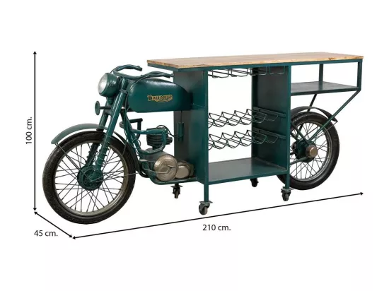 Barre porte-bouteilles moto en bois et métal bleu 210x45x100h