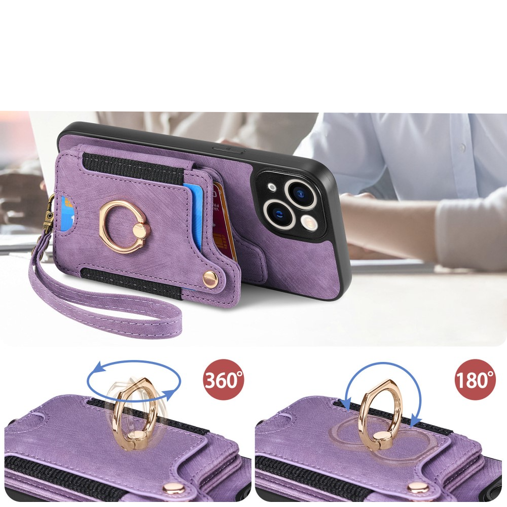 iPhone 14 Necklace Leder Hülle mit Kartenfächer   Finger Griff Halterung   Handykette (RFID Schutz) - Lila
