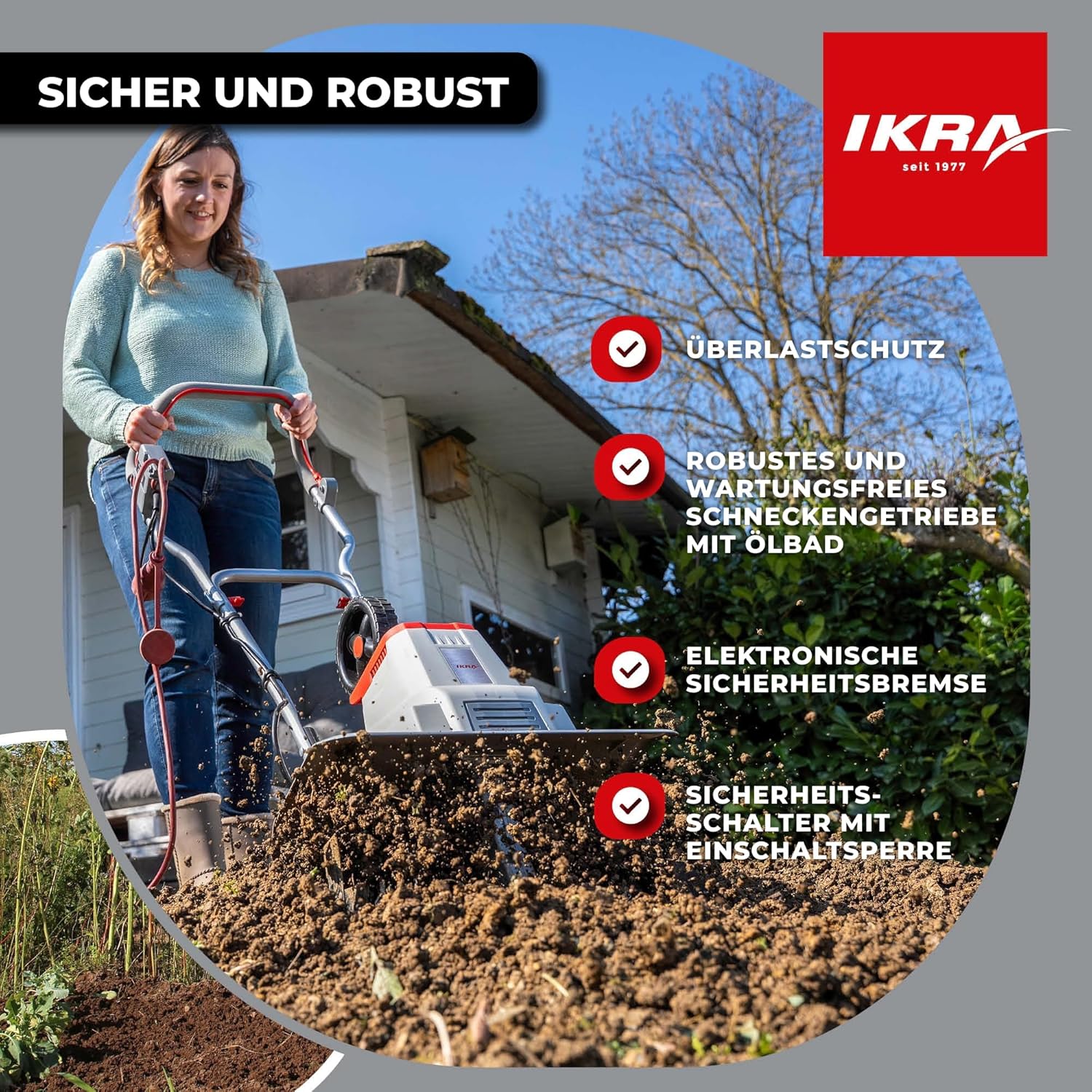 IKRA Elektro Bodenhacke IEM 1500, Flexible Arbeitsbreite 32 & 45cm, Arbeitstiefe bis 20cm, Starke 1500W Leistung, inkl. Häufelpflug