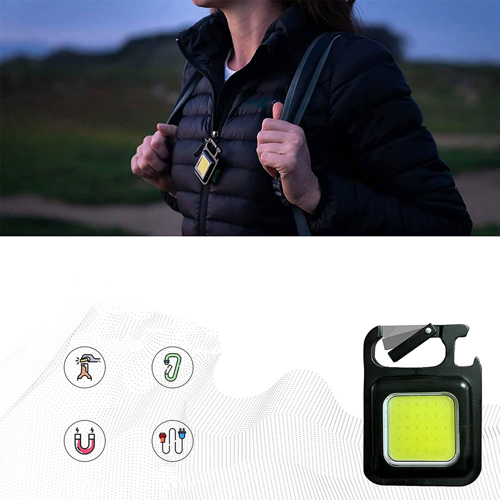 200LM LED Mini COB Taschenlampe Schlüsselanhänger mit Magnet   Aufhängehaken IPX4 - Schwarz