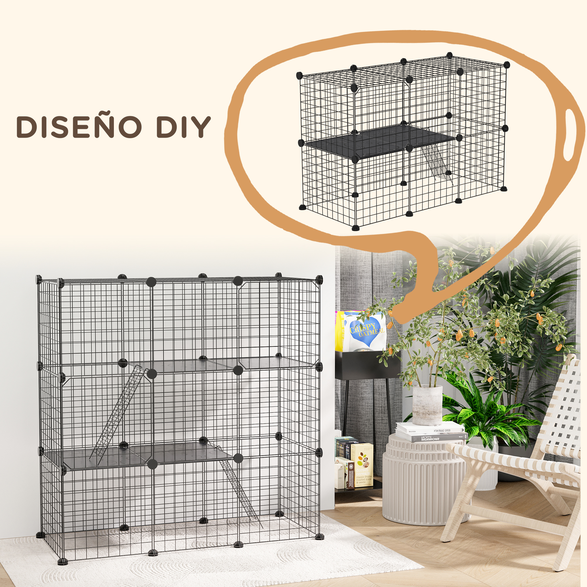 Gaiola PawHut de 31 painéis para pequenos animais, com rampa, ideal para porquinhos-da-índia, coelhos e chinchilas. Dimensões: 105 x 45 x 105 cm. Cor: Preta.