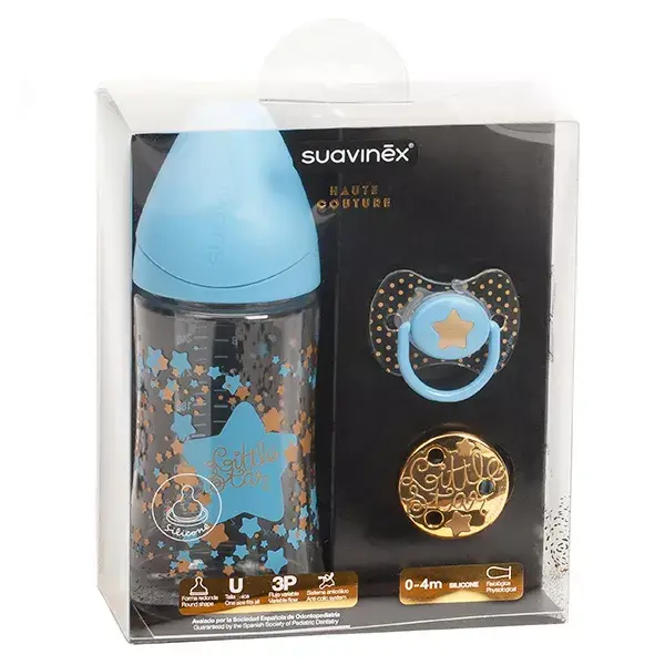Kit de costura Suavinex: Mamadeira de 270ml + Chupeta 0-4 meses + Prendedor de chupeta, Azul