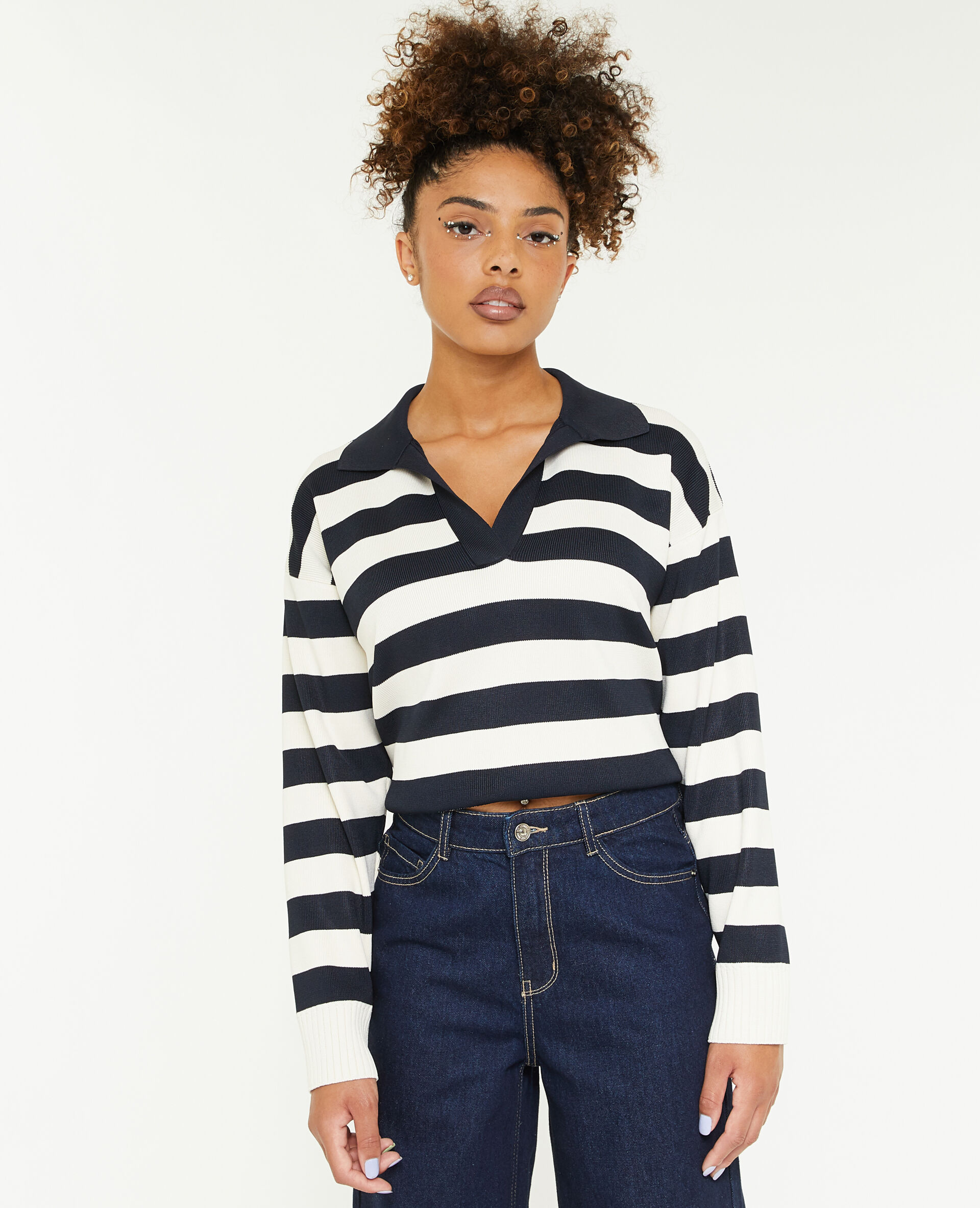 Pull col polo motif rayures - Blanc