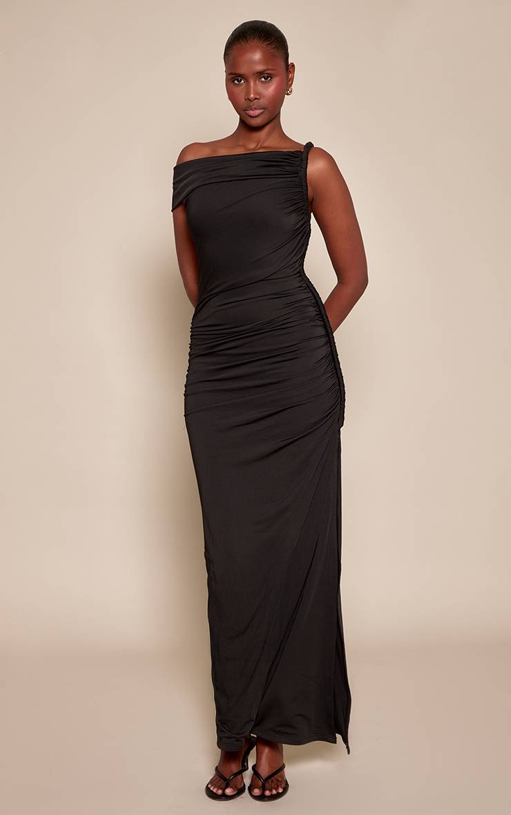 Noir Robe Longue Moulante À Détail Torsadé Aux Épaules En Tissu Satiné