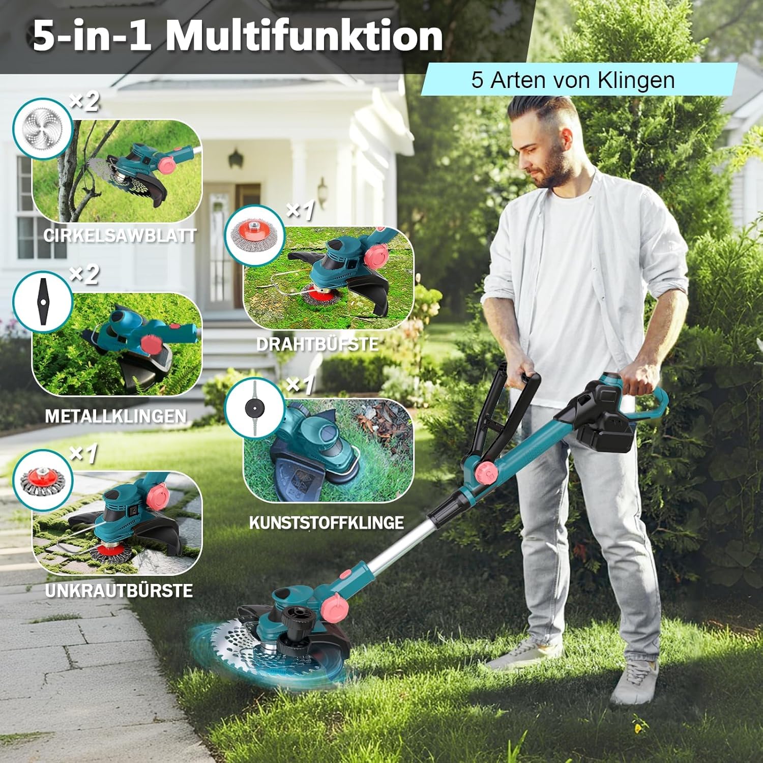 Rasentrimmer mit Akku 21V,Akku Rasentrimmer für Makita Akku,freischneider mit unkrautbürste,2-in-1 Freischneider akku,6 Klingentypen,Inkl 2X4.0Ah Akku & Ladegerät,750W Bürstenloser Motor-Light Blue