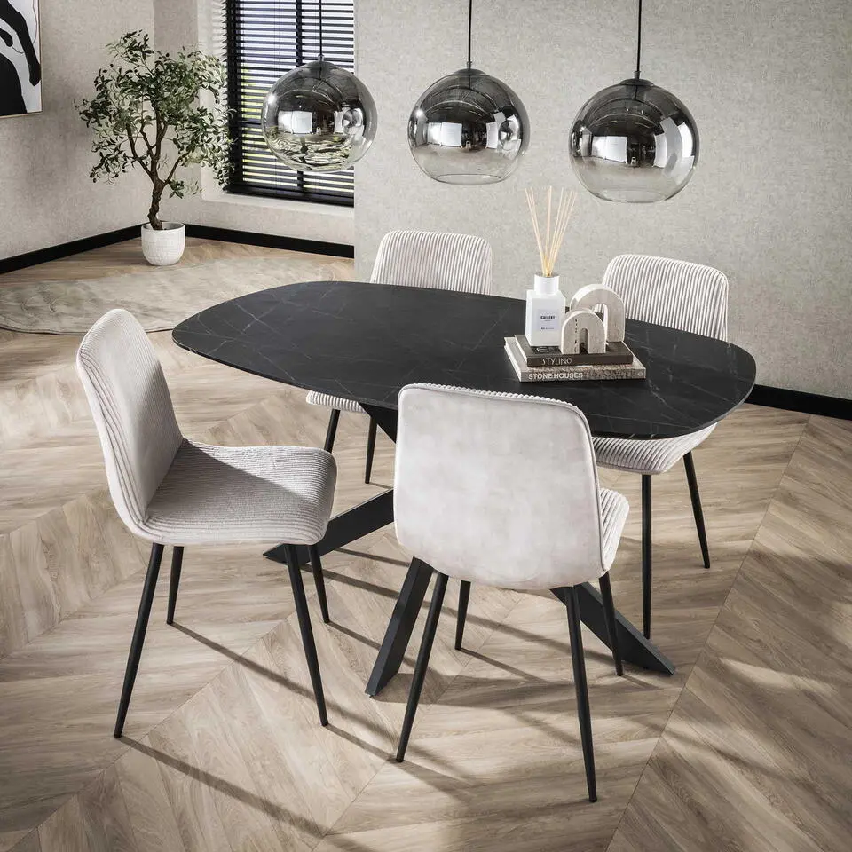 Eettafel Zwart Marmerlook - 150x90x76cm - Deens Ovaal
