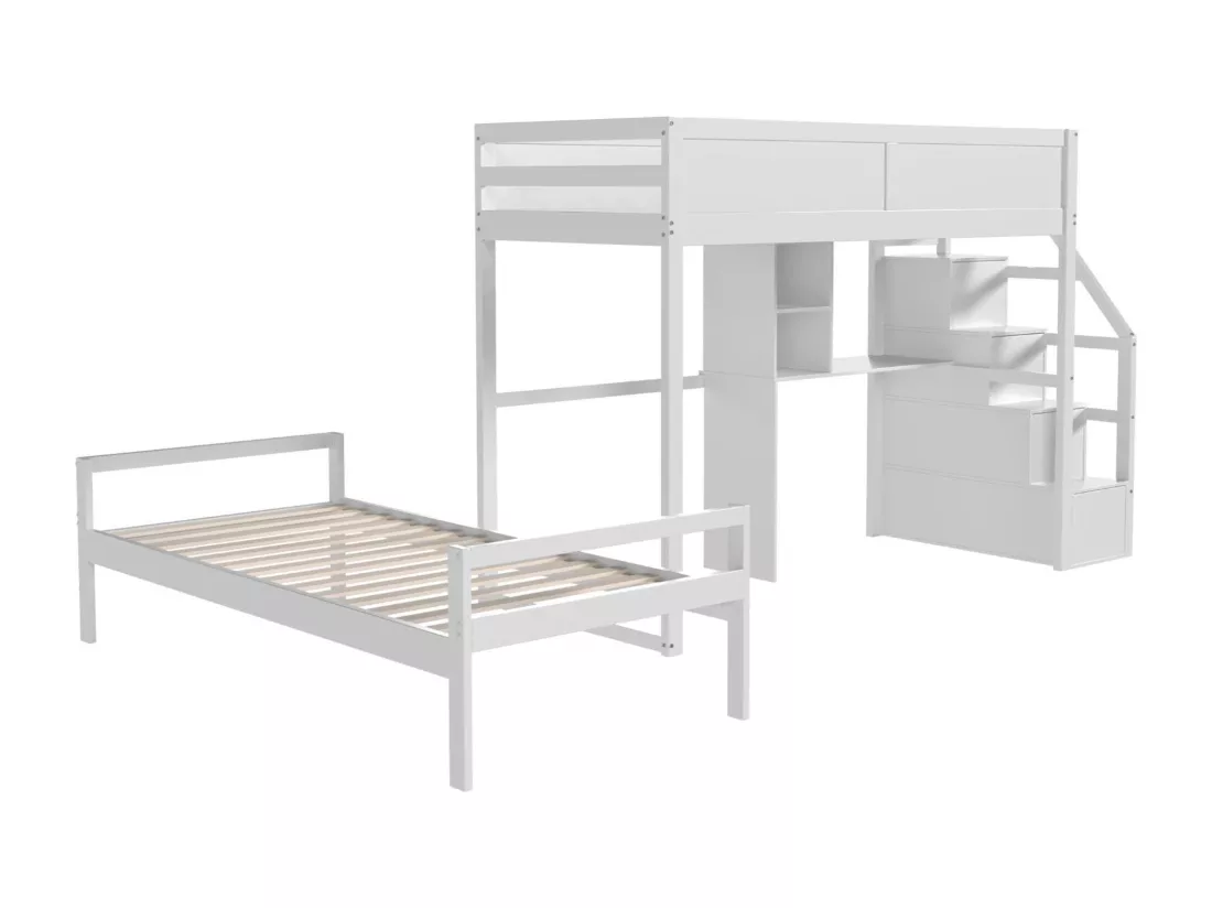 Lit superposé 90x200cm en bois massif - avec escalier de rangement et bureau - Blanc
