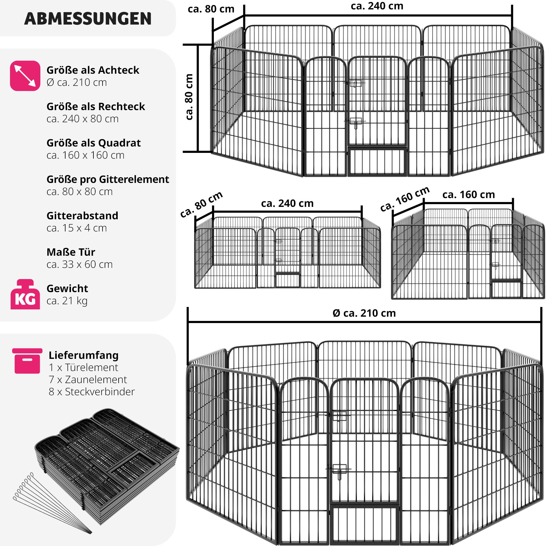tectake® Welpenauslauf, 8-teilig, faltbar, abgerundete Ecken, einfache Montage, Bodenverankerung möglich