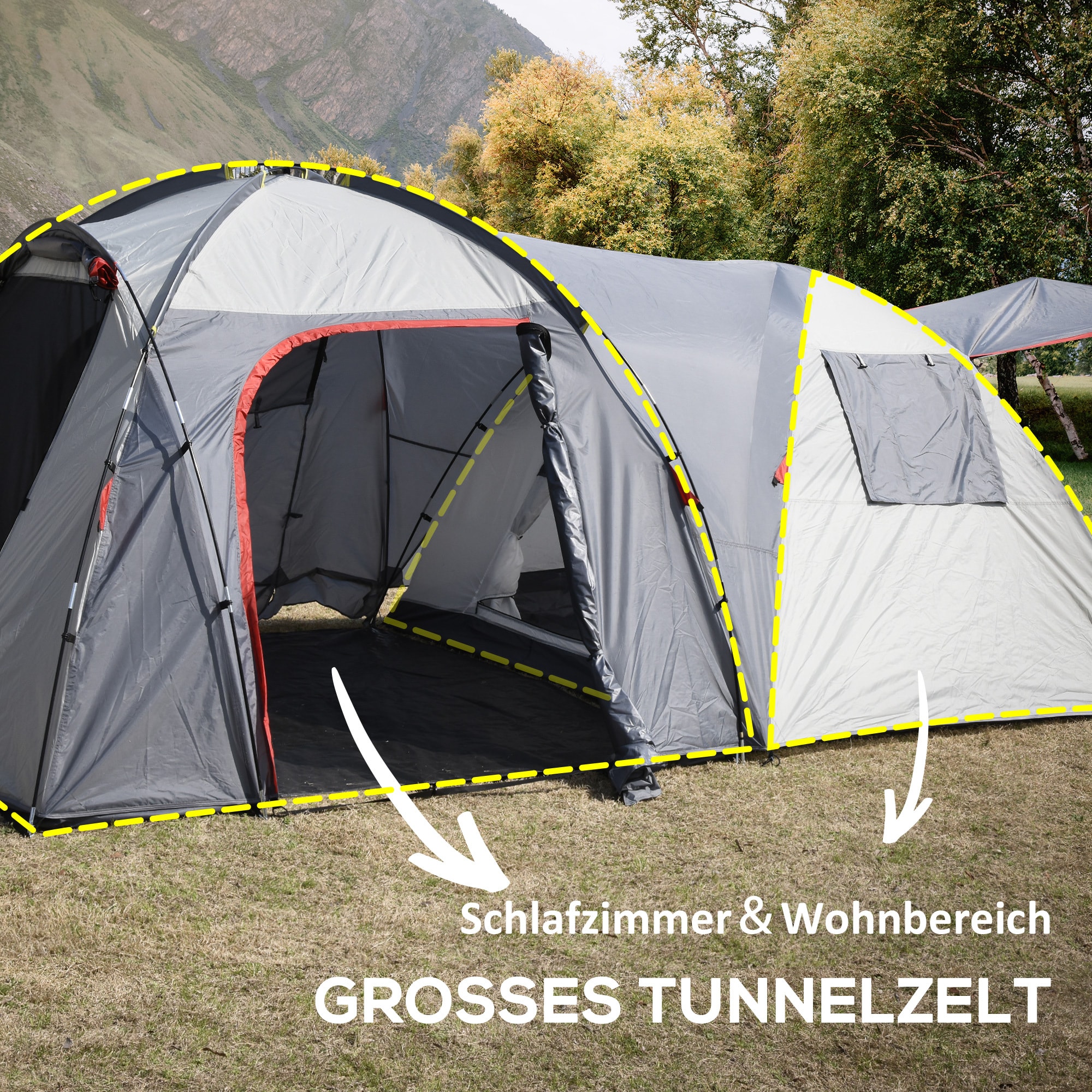 Outsunny Campingzelt mit atmungsaktivem Netz und mobiler Matte grau 490L x 250B x 185H cm