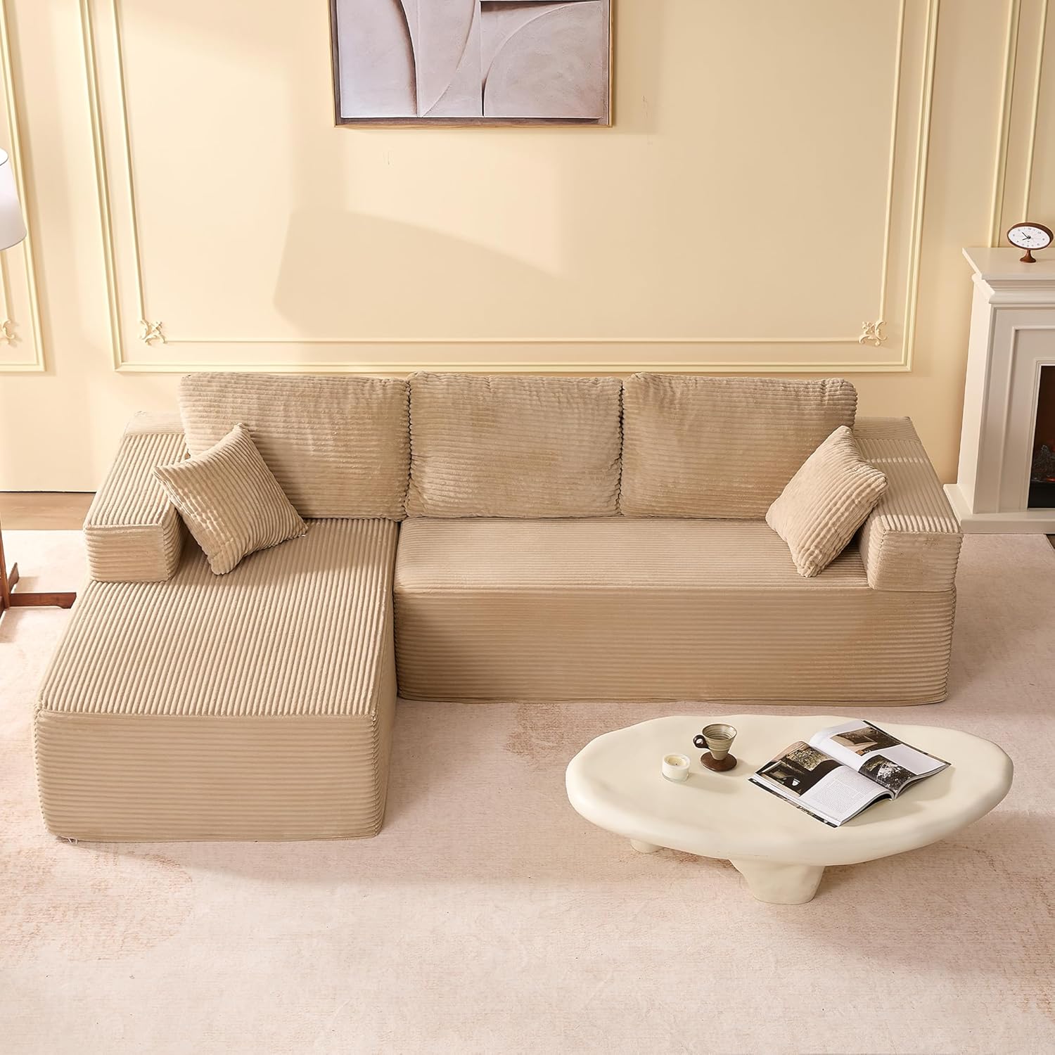 Modulares L-förmiges Ecksofa mit Schlaffunktion – rahmenloses Schlafsofa mit Chaiselongue Links, extra tiefer Sitzfläche, montagefrei, für Wohnzimmer,Hellbraun