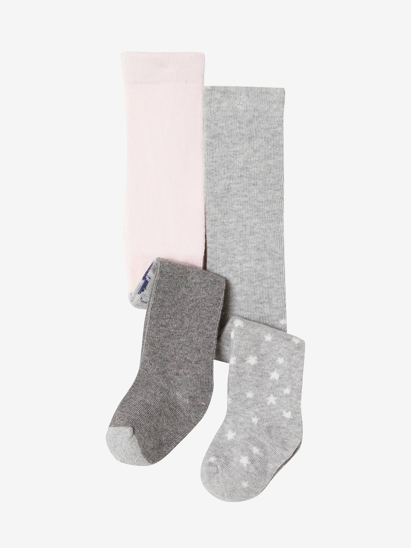 Conjunto com 2 pares de meias-calças de tricô com estampa de bolinhas e coalas para bebê, em dois tons de cinza claro/multicoloridas.
