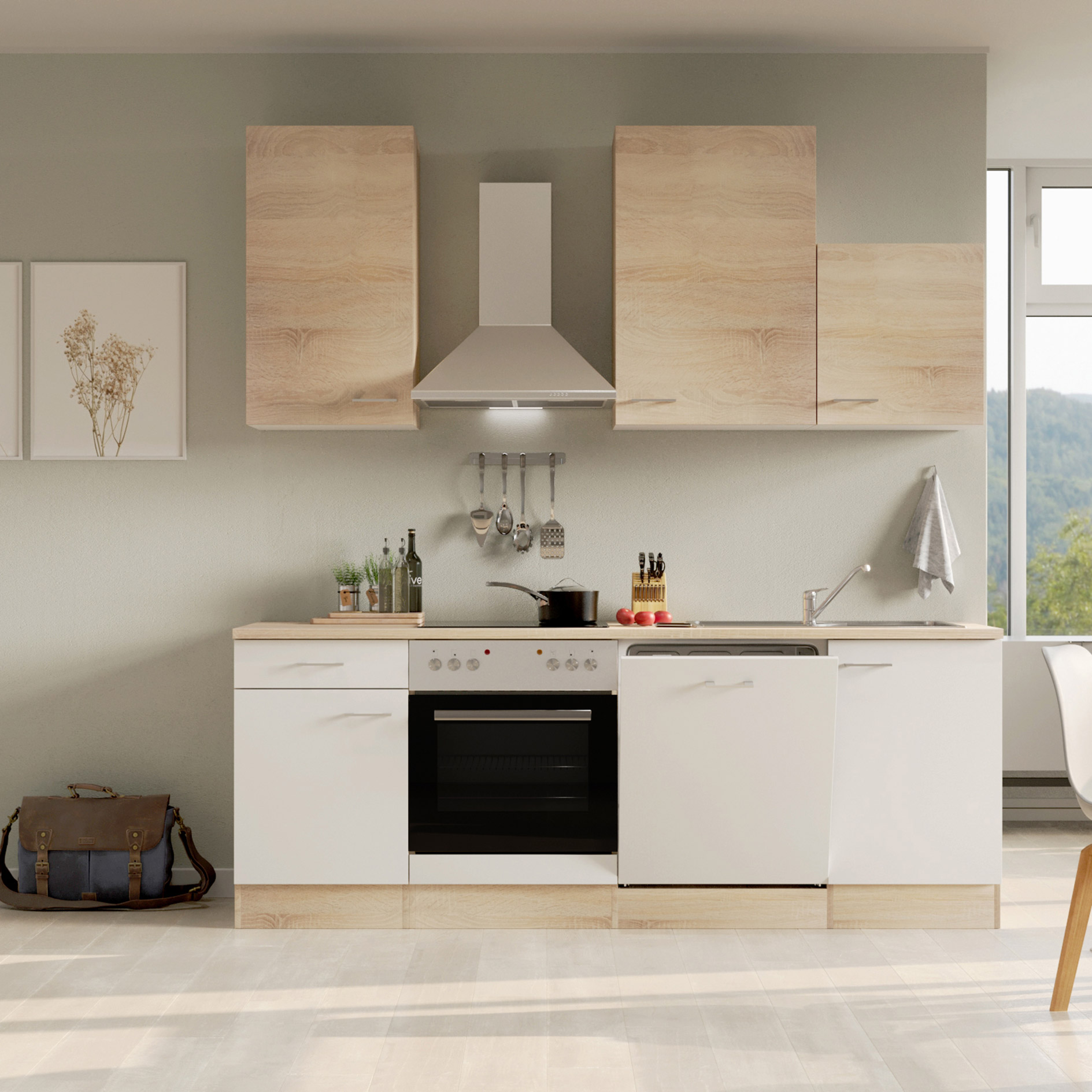 Küchenblock SAMOA - weiß - Sonoma Eiche - mit E-Geräten - 220 cm