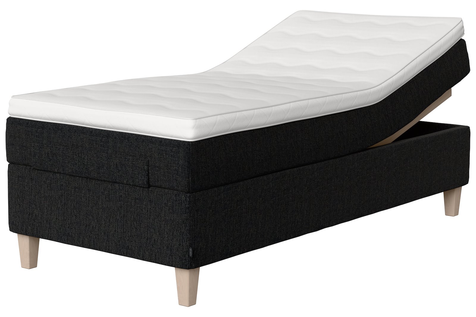 Glow Dream regulerbar seng 120x200 cm Tekstil 271 antrasitt, medium, sleep I overmadrass og Kantet konet 14 cm hvitvasket ben