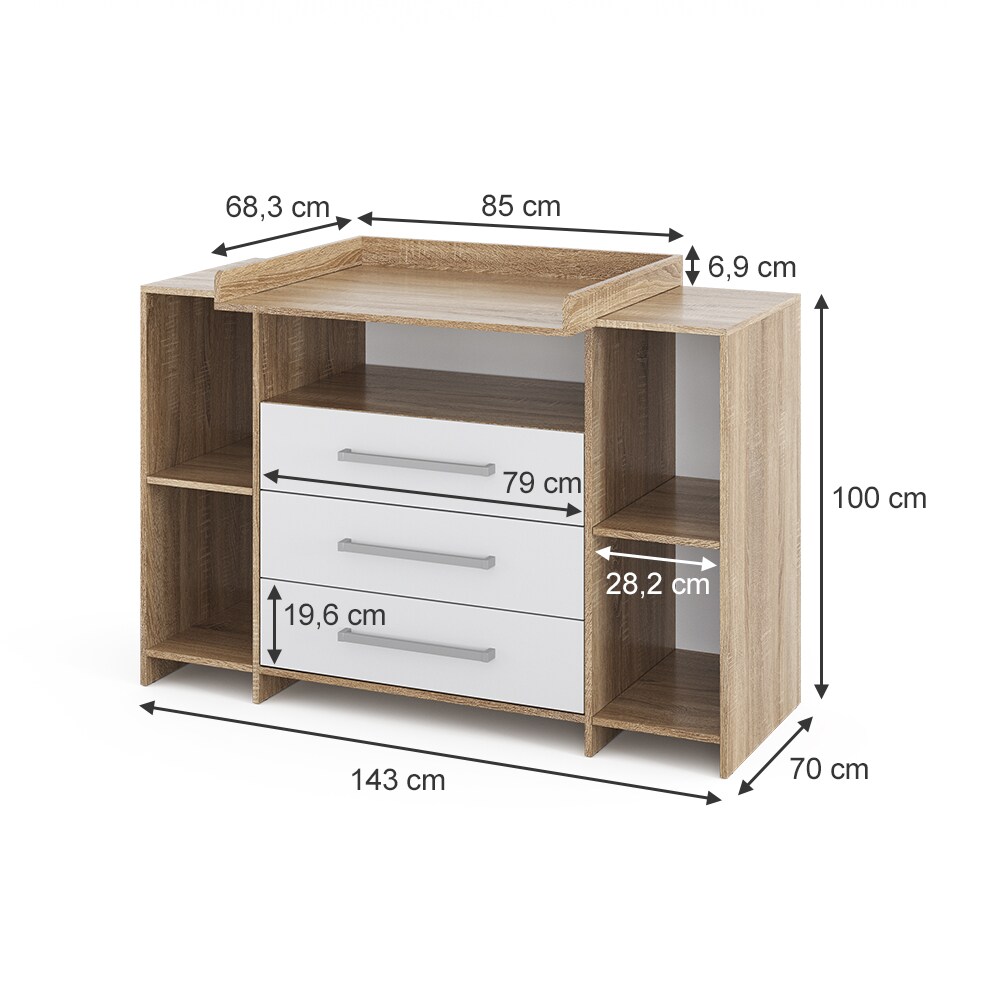 Vicco Wickelkommode Oskar XL 143 x 100 cm, Sonoma Weiß, inklusive Wickelauflage