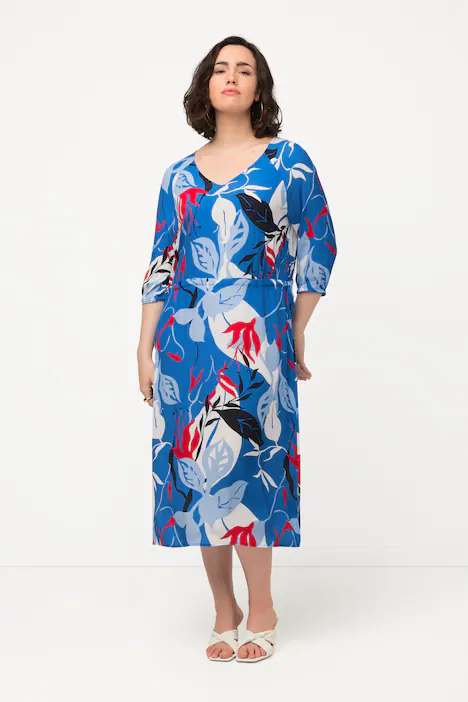 Kleid, V-Ausschnitt, Tunnelzug, 3/4-Arm, mittelblau
