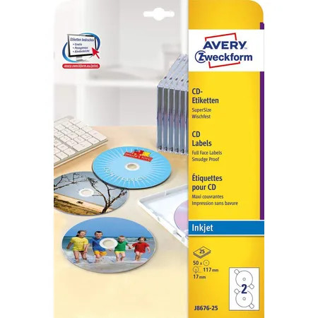 Avery Zweckform J8676-25 CD-Etiketten SuperSize,A4 Ø 117 mm, 25 Bogen/50 Etiketten, weiß