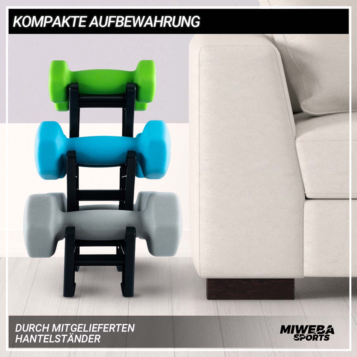 Miweba Sports Gymnastikhantel-Set NKH120, 1-3 kg, Neopren/Vinyl, Eisenkern, rutschfest, Hantelablage (Grün, Türkis, Grau, Neopren)