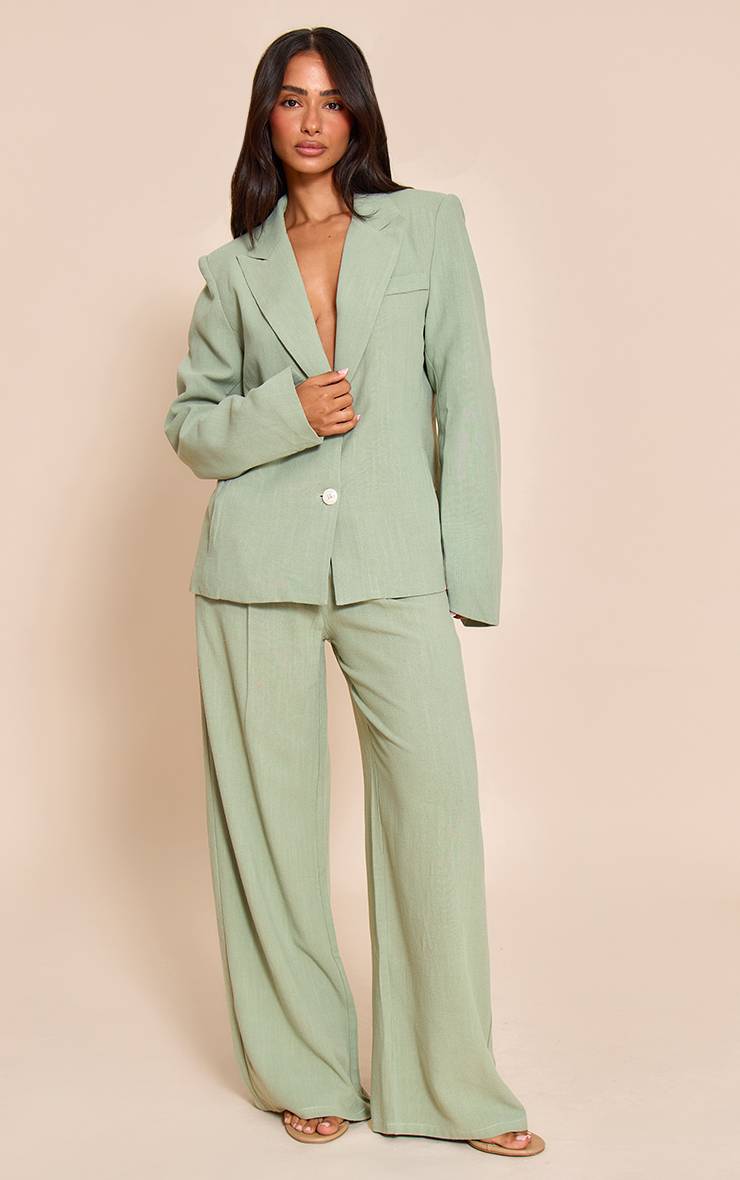 Vert Sauge Blazer Oversize En Lin Neutre Avec Poches Petite Taille