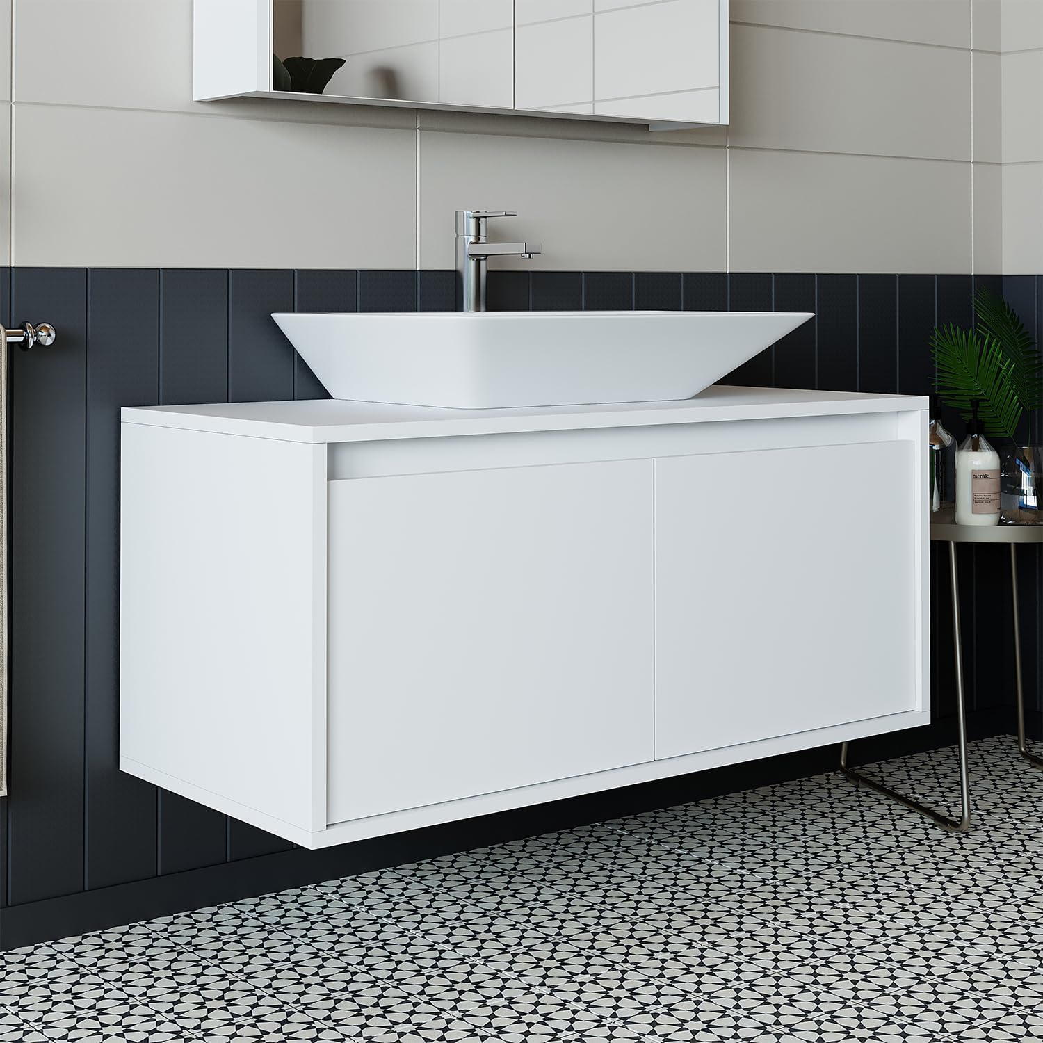• Badezimmermöbel Set • Atlantic • 4 Teilig Badezimmerschrank • 100 cm Unterschrank mit Keramikwaschbecken • Spiegelschrank • Hochscrank (Weiß, Waschbecken mit Unterschrank)
