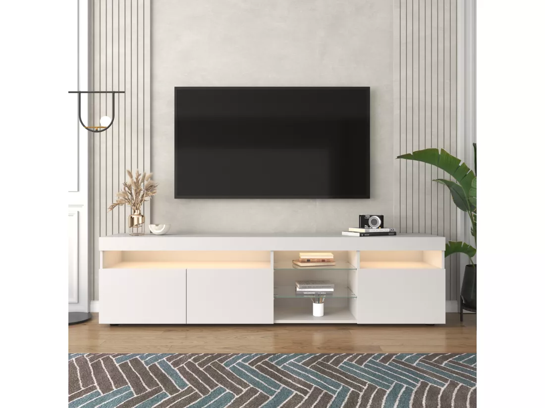 Meuble tv moderne blanc avec panneau lumineux, éclairage led variable, 180cm