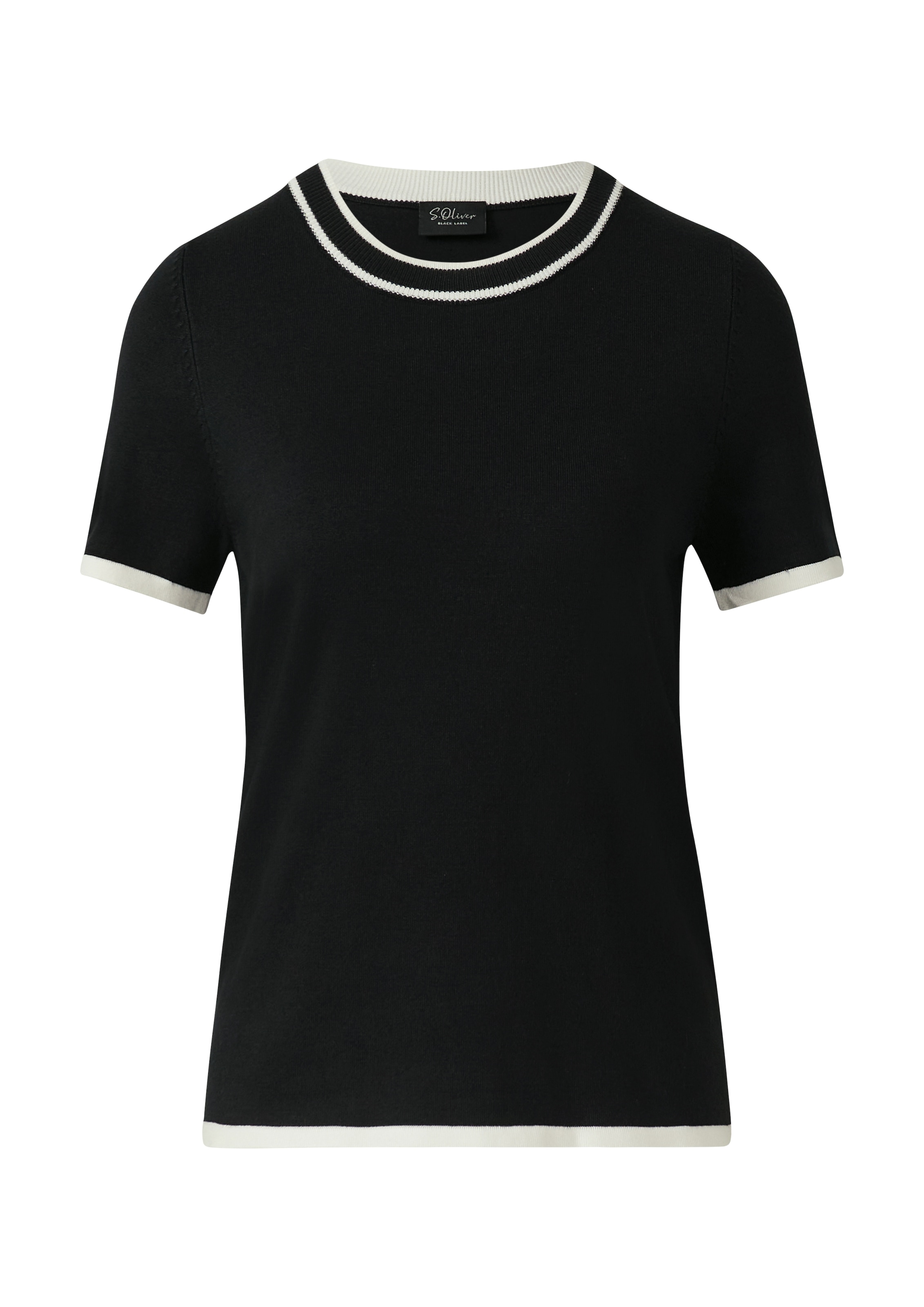 s.Oliver BLACK LABEL Kurzarmpullover , Feinstrick, Rundhals mit kontrastfarbenen Bündchen
