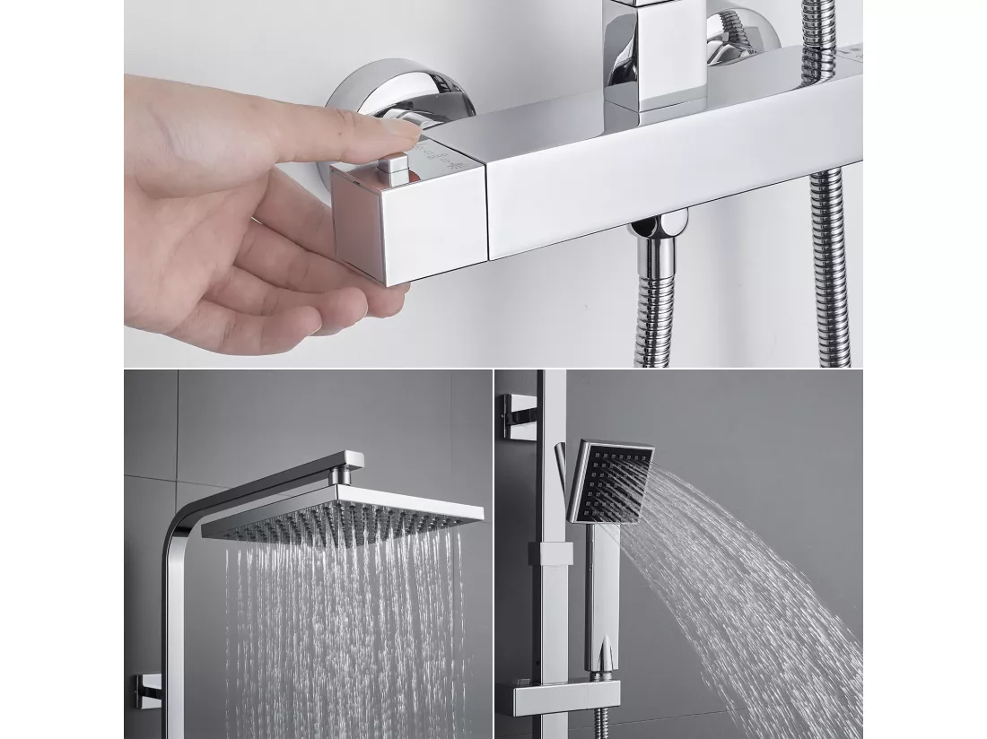 AURALUM MAX Colonne Douche Thermostatique,Ensemble Douche pour la Salle Bain Réglable en Hauteur,avec Pommeau de Pluie/Douchette à Main Carré,Chromé