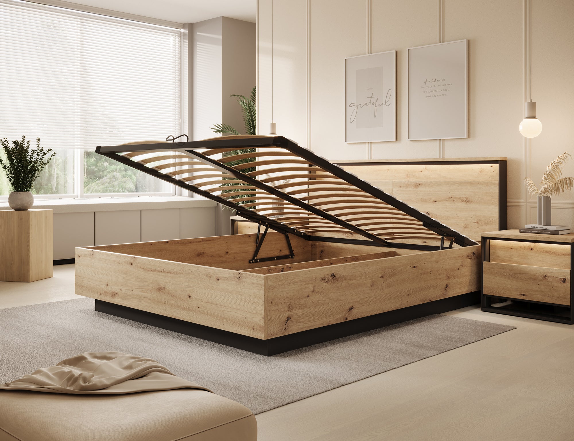 Quarry - Tweepersoonsbed met opbergruimte - Eiken - 160x200 cm