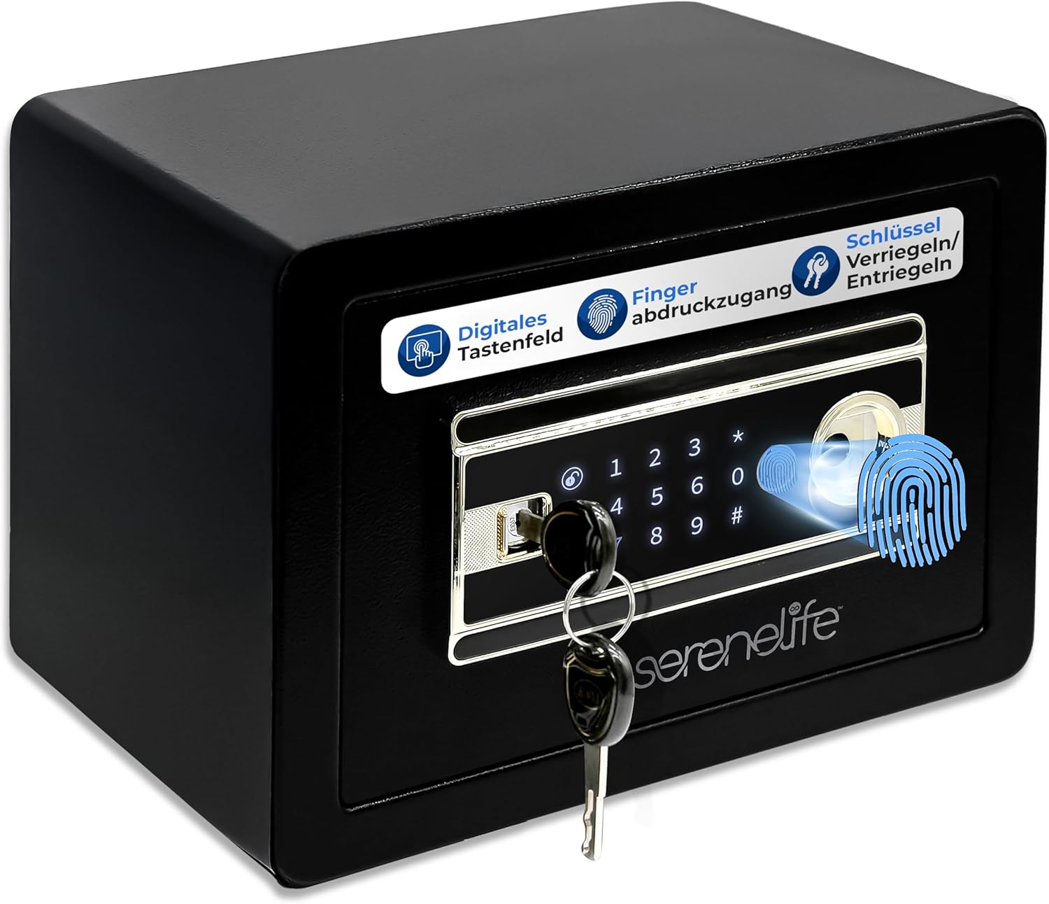 SereneLife 18L Tresor, Safe Für Zuhause Feuerfest & Wasserdicht, Digitaler Heimtresor mit Zugriff per Fingerabdruck, Möbeltresor mit Code & Schlüsseln, Safe Box für Wertsachen, Bargeld, Schmuck, Gold