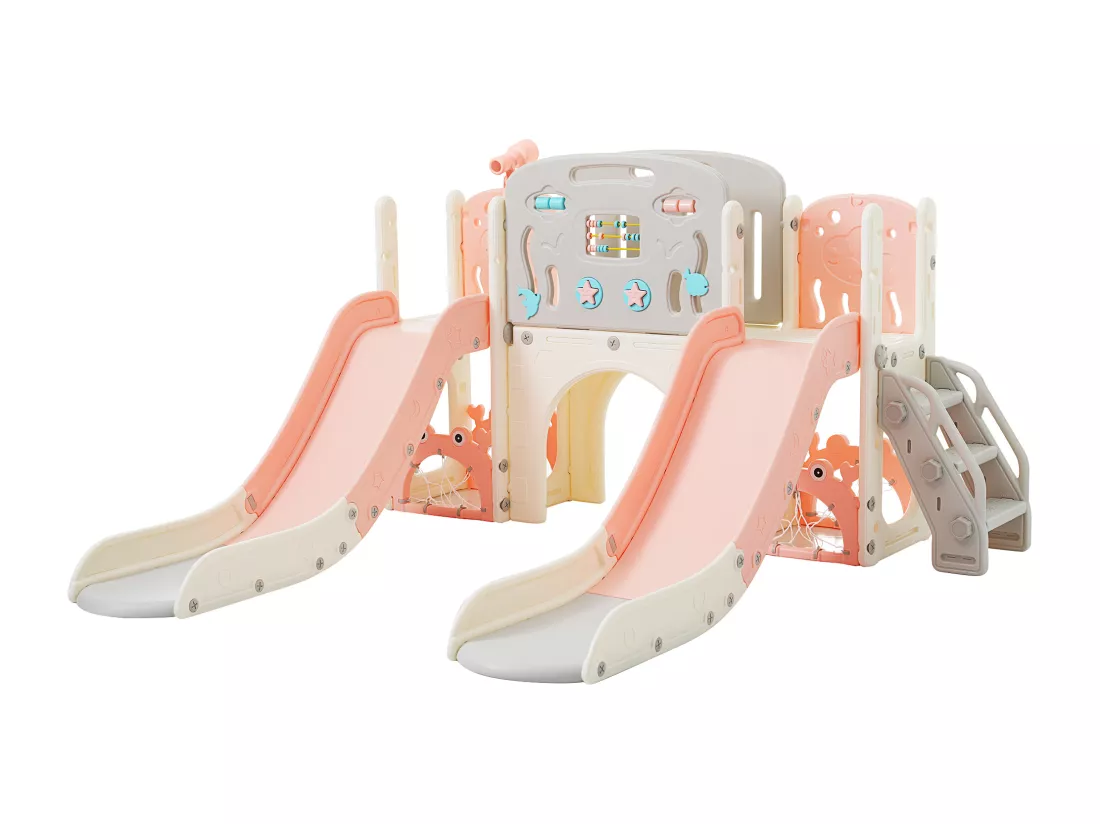 Ensemble aire de jeux pour enfants 8 en 1 - 197 x 167 x 98cm - en matériel HDPE - avec tunnel arqué et escalade - Rose