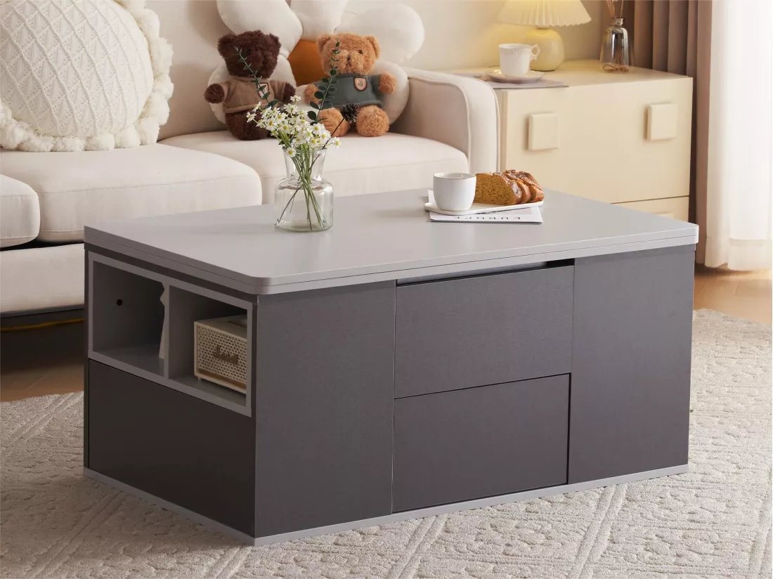 Table basse - plateau relevable - 2 niches & 3 tiroirs - bois panneaux de particules - gris