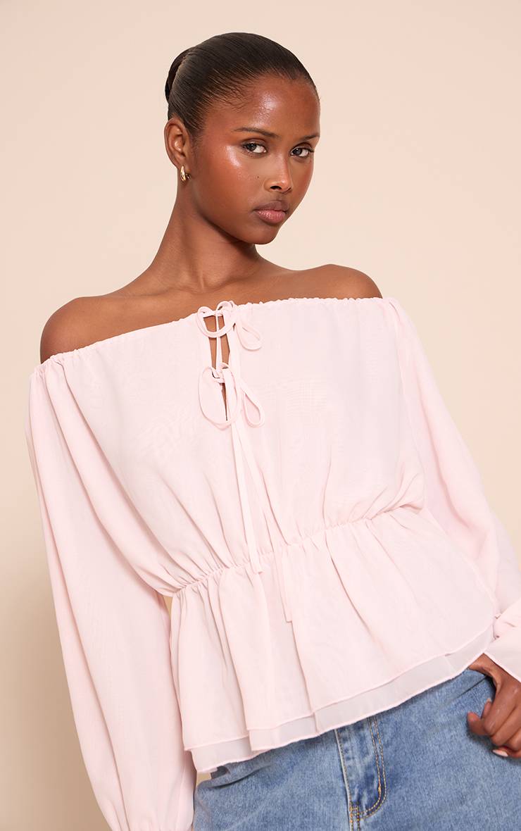 Rose Pâle Haut Fluide Bardot En Mousseline Avec Détail Nœud